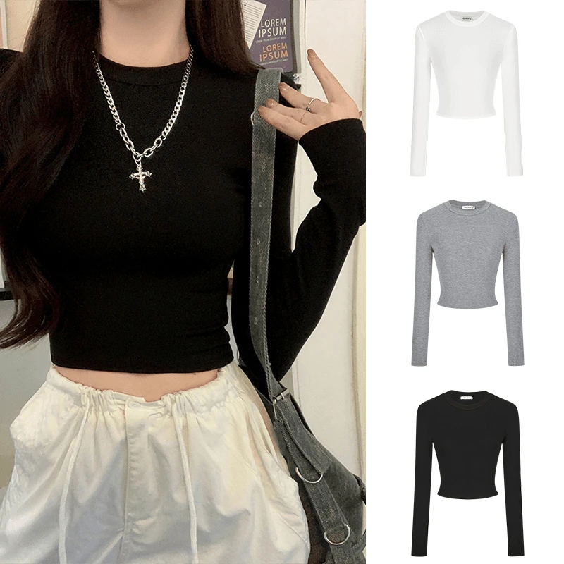 正肩T恤女装春秋季美式复古内搭长袖辣妹修身圆领打底衫短款上衣