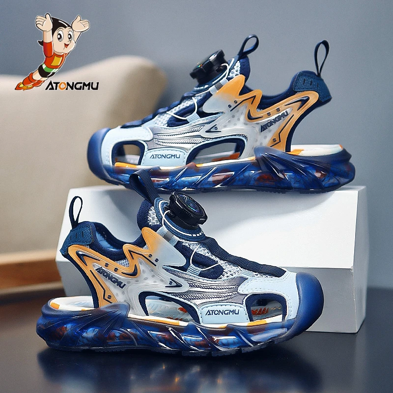 阿童木男童凉鞋夏季新款包头凉鞋软底儿童凉鞋宝宝旋转纽扣沙滩鞋