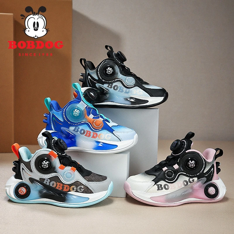 巴布豆2024秋季防滑潮流防水皮面防滑男女童儿童鞋子旋钮扣篮球鞋