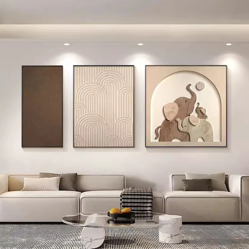 大象客厅装饰画侘寂风抽象组合三联壁画肌理感简约沙发背景墙挂画