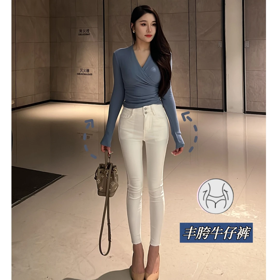 希野逸儿/ 2.0白色丰胯裤蜜桃臀气质韩版弹力小脚裤紧身牛仔裤女