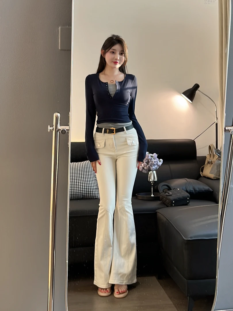 希野逸儿【气质女神】浅杏色微喇叭牛仔裤白色高腰显瘦提臀长裤女