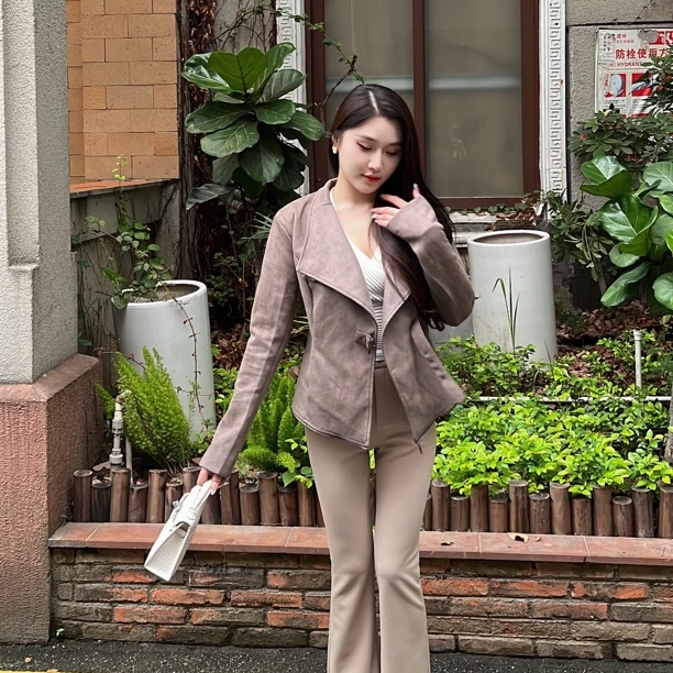 希野逸儿/复古麂皮收腰短外套女2025春季长袖翻领氛围感气质外搭