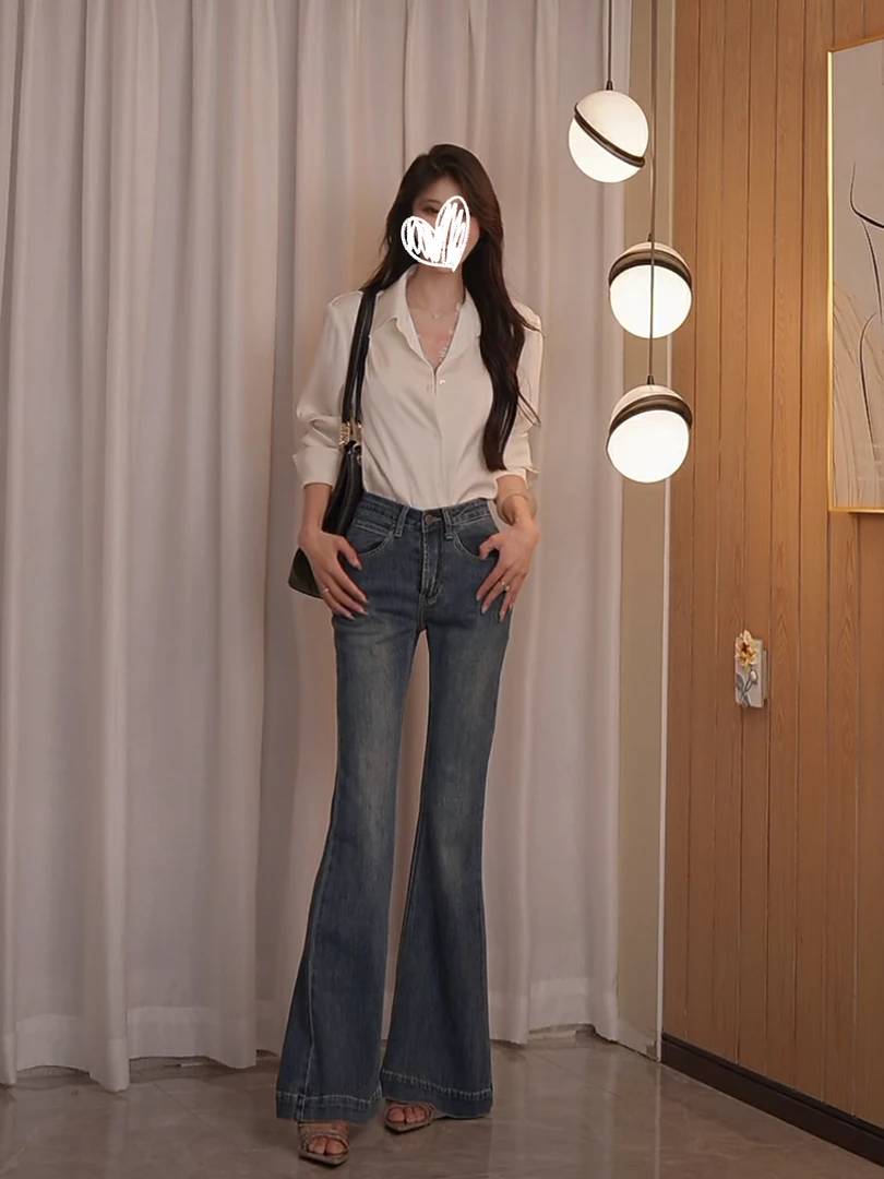 美式复古蓝色高腰显瘦喇叭牛仔裤修身弹力气质百搭长裤子女2025新