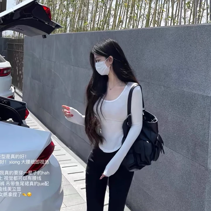 希野逸儿/江南美人纯欲修身显瘦内搭打底甜辣U领长袖上衣女秋季