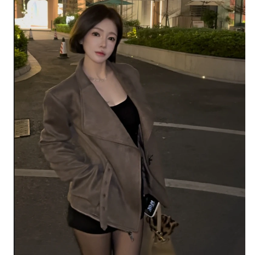 美式复古麂皮机车夹克女2025新款长袖大翻领氛围感收腰短外套