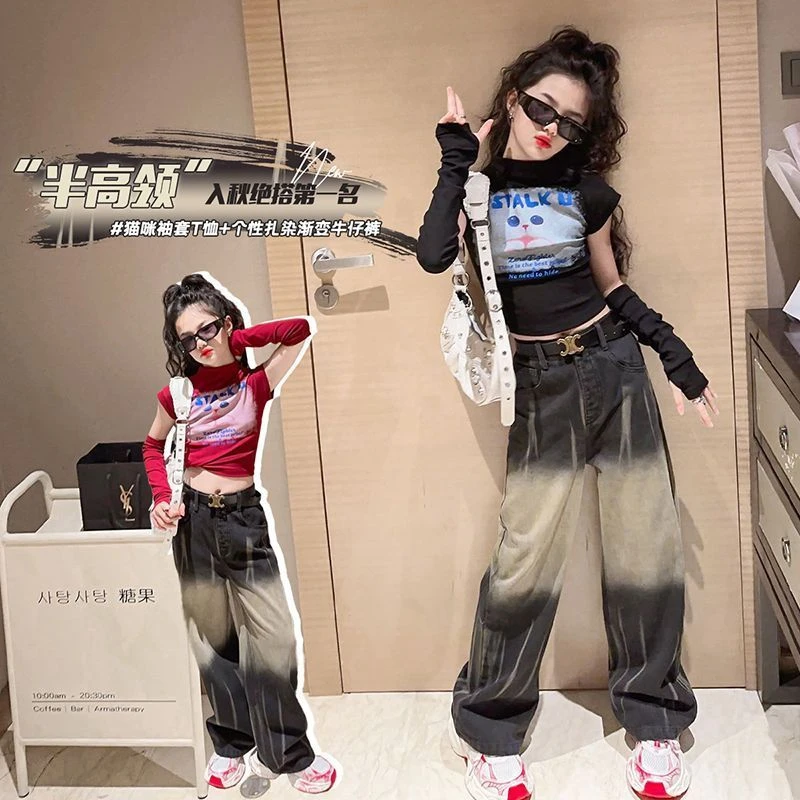 甜酷女童洋气袖套猫咪T恤2025初春新款美式破洞牛仔背带裤潮
