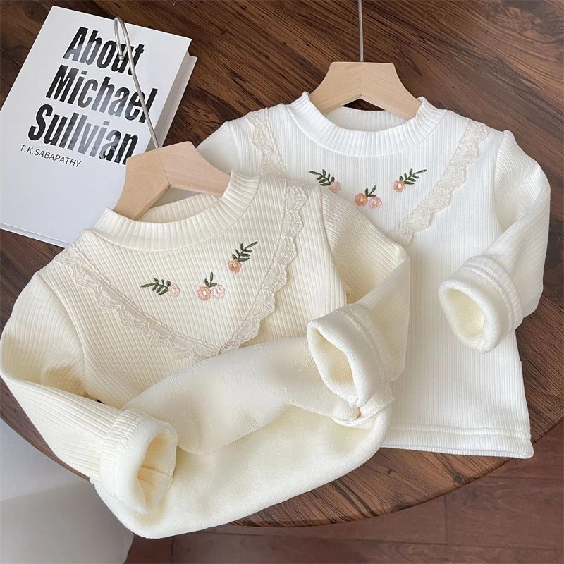 女童加绒打底衫秋冬装新款加厚半高领儿童一体绒女宝宝打底上衣