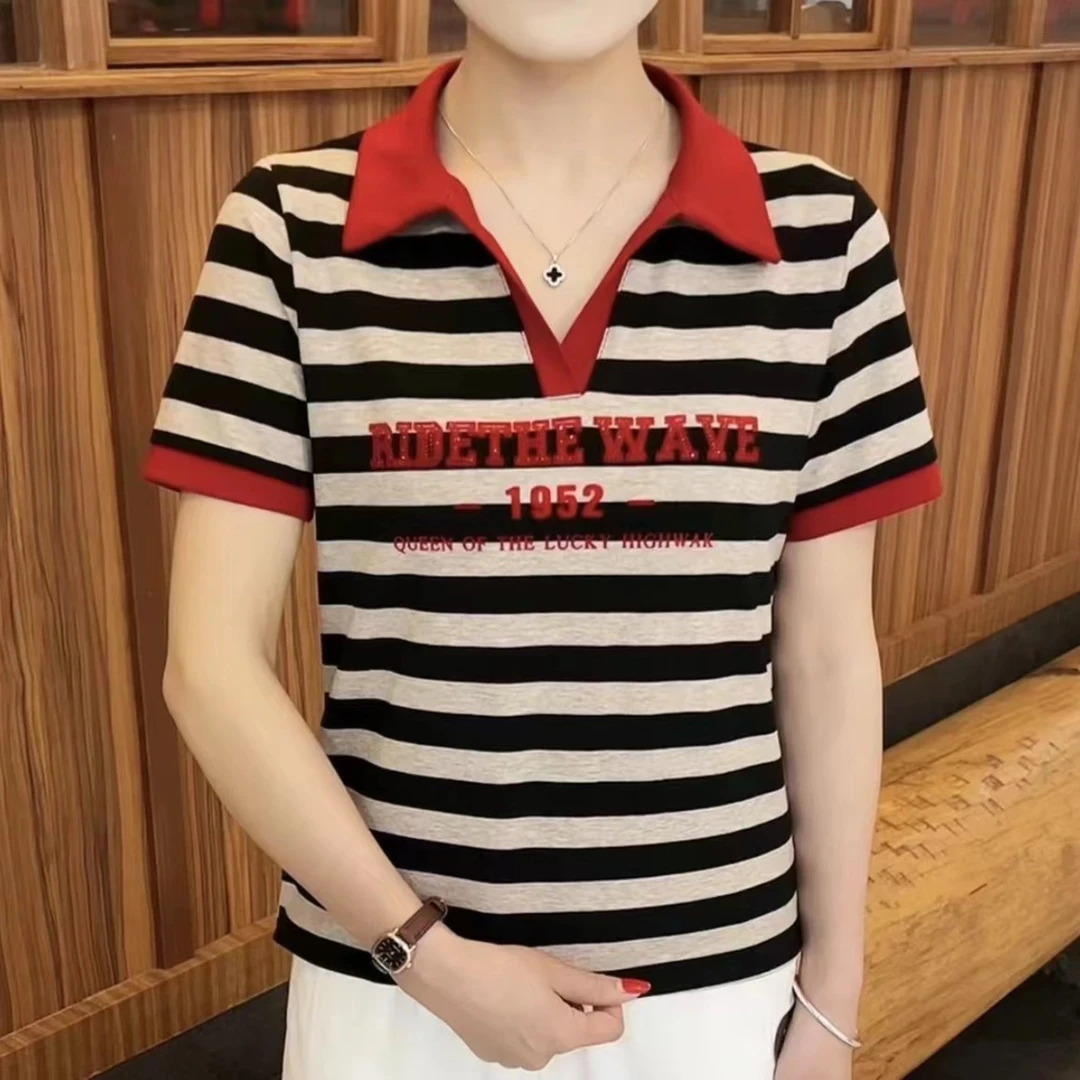 夏季条纹T恤翻领短袖洋气女装显瘦百搭中年妈妈上衣经典时尚小衫