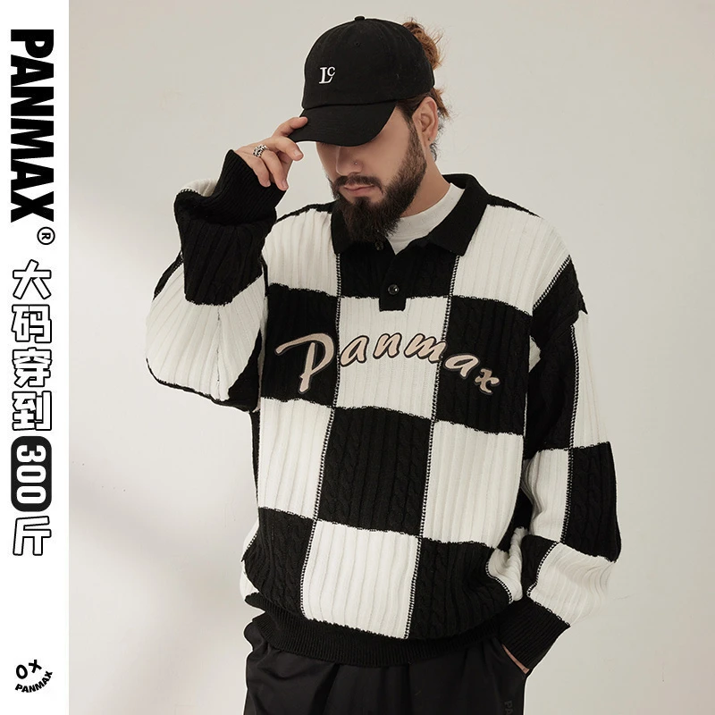 【清仓】大码宽松套头撞色圆领毛衣百搭潮流黑白棋盘格