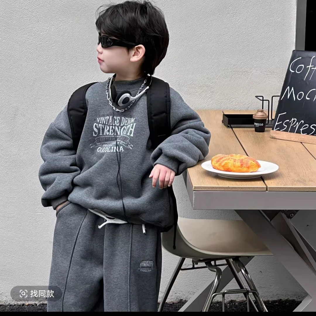 秋冬新款儿童加厚加绒卫衣套装男童保暖休闲时尚2546