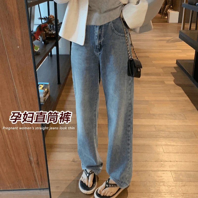 时尚孕妇牛仔阔腿裤春秋款显瘦百搭复古休闲裤垂感孕妇直筒拖地裤