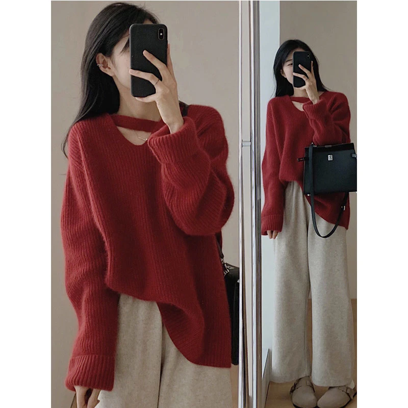 孕妇装上衣服港风红色v领毛衣女秋冬季外穿加厚慵懒风打底针织衫