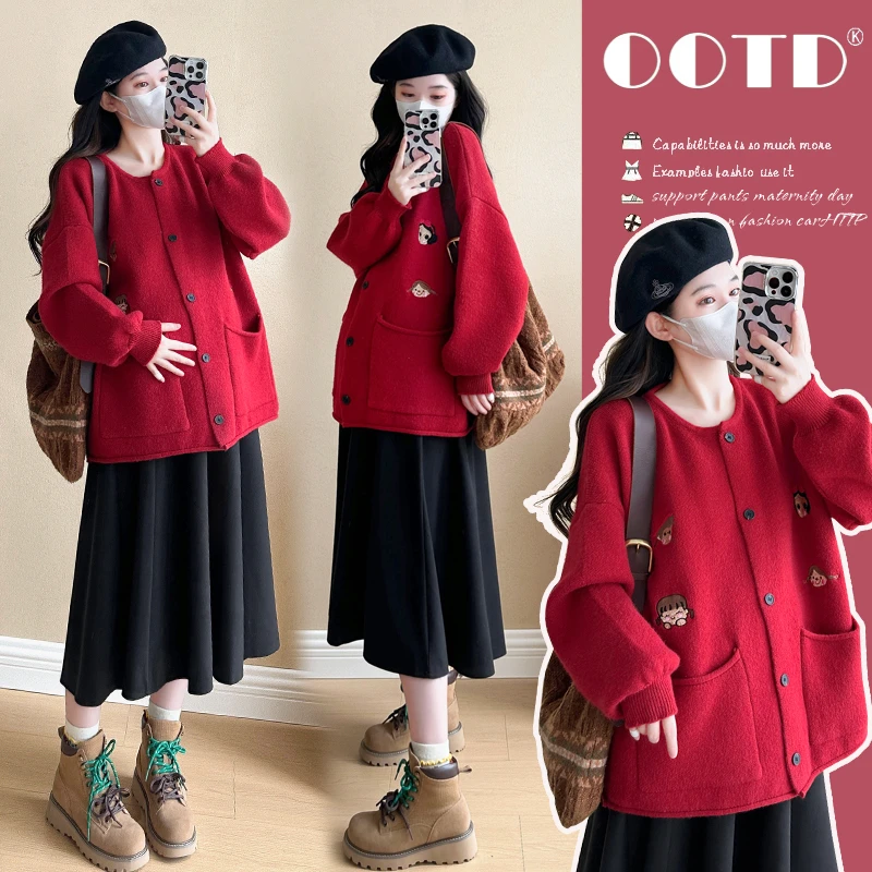 孕妇上衣2025秋冬新款时尚重工刺绣圣诞跨年红色孕妇毛衣外套套装