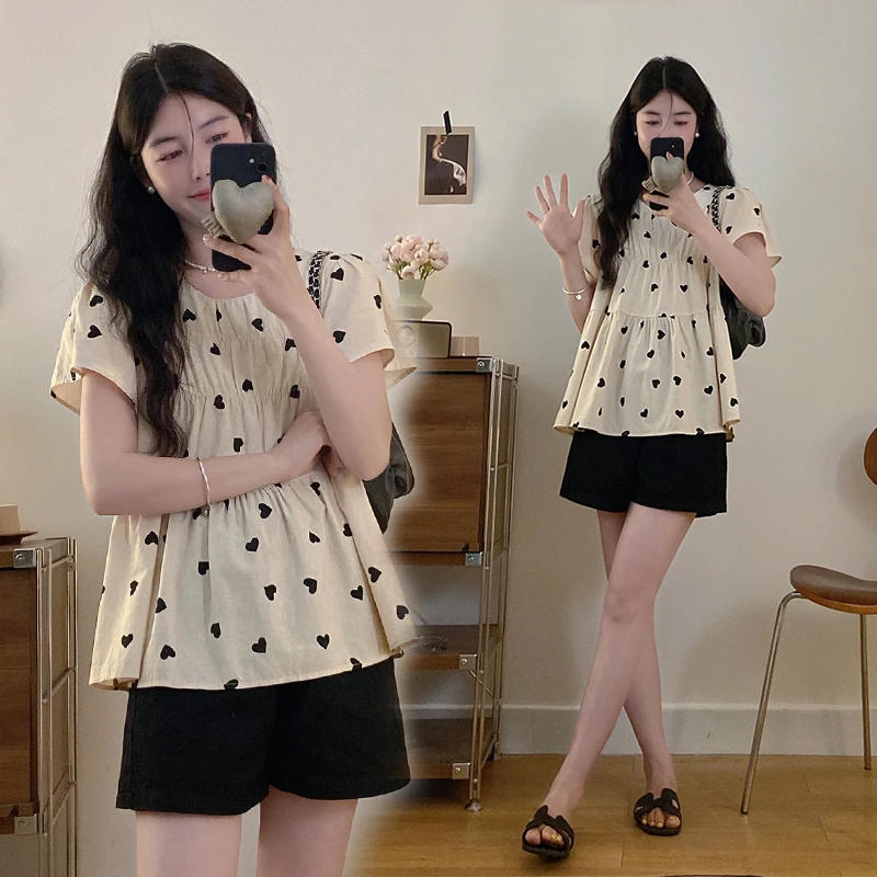 法式洋气减龄爱心孕妇衬衫套装夏季设计感小众褶皱孕妇上衣短裤