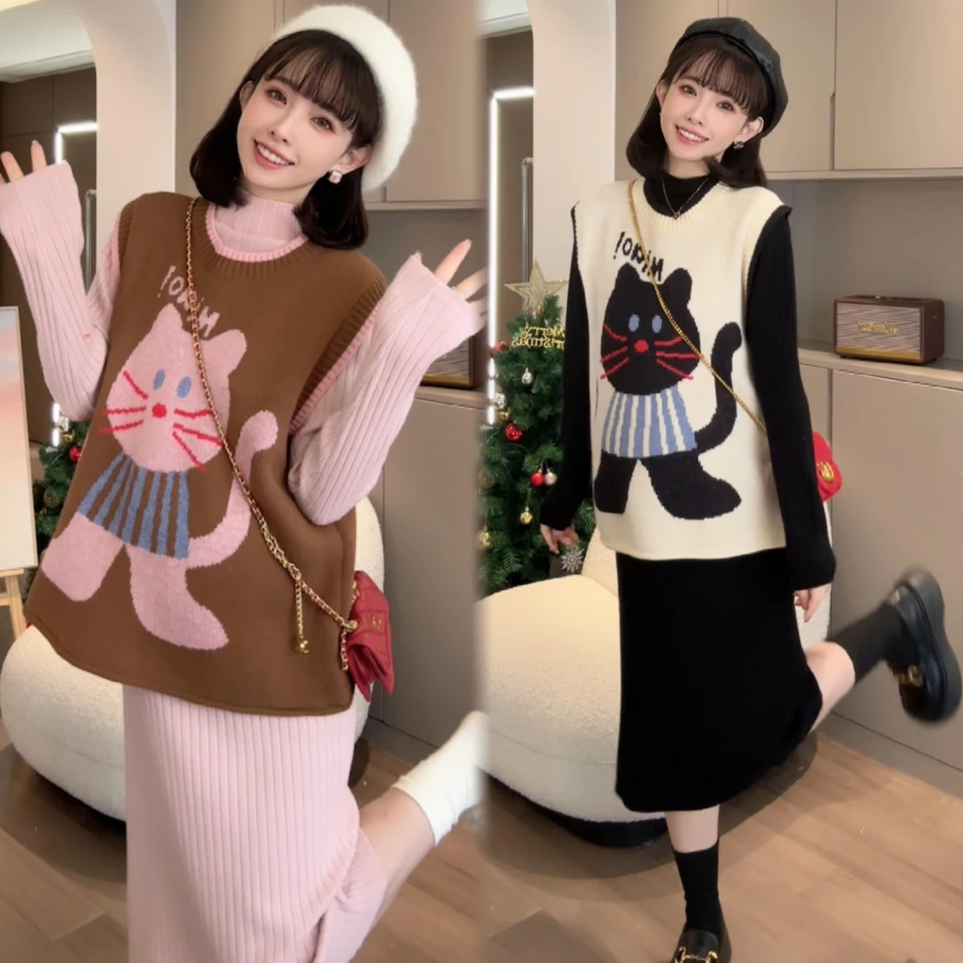 孕妇上衣秋冬新款孕妈可爱猫咪卡通针织马甲连衣裙套装保暖两件套