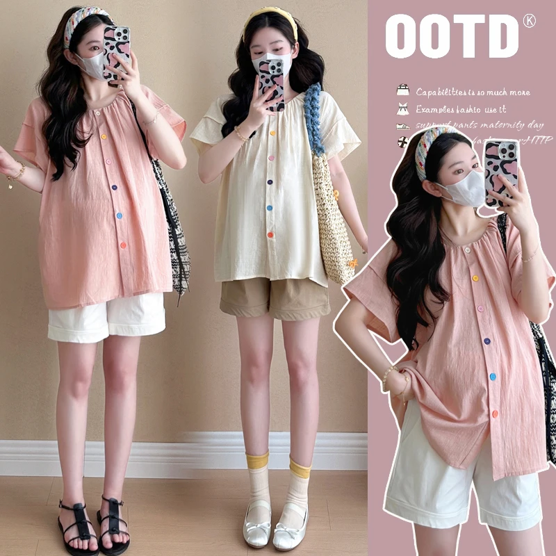 孕妇装夏装2024新款韩系宽松甜美娃娃衫孕妇上衣+托腹短裤两件套