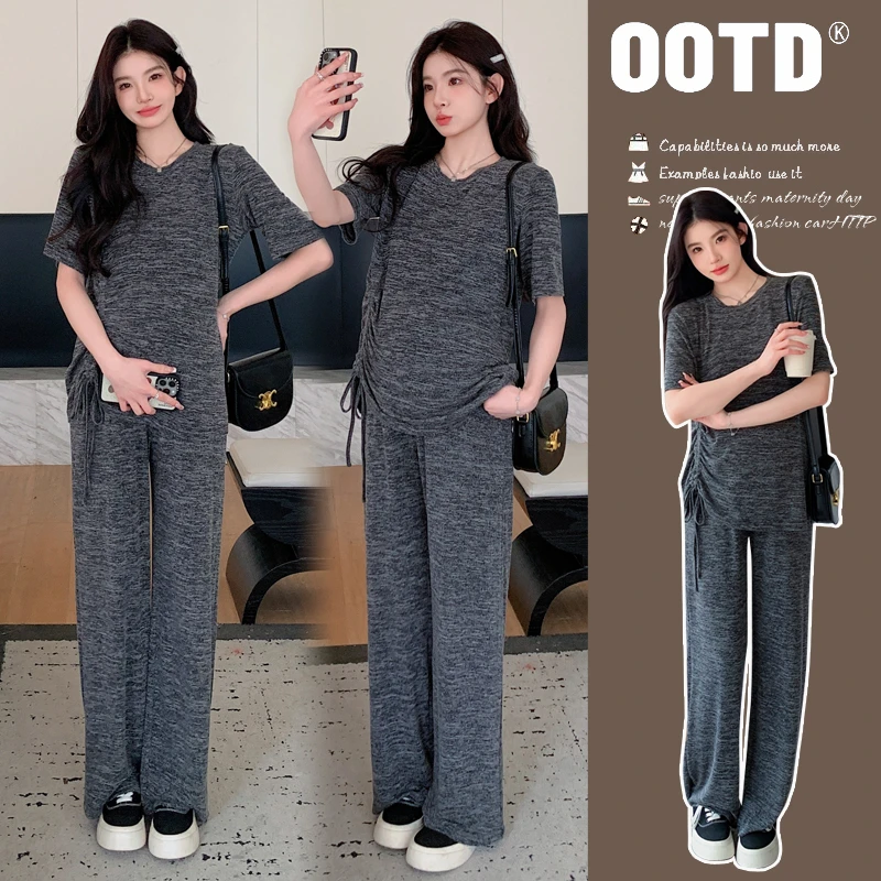 孕妇装2024春夏网红休闲运动风韩版时尚设计感假两件托腹外穿套装