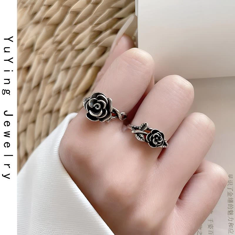 925银戒指 玫瑰戒指时尚小众简约泰银复古做旧食指戒开口尾戒素款