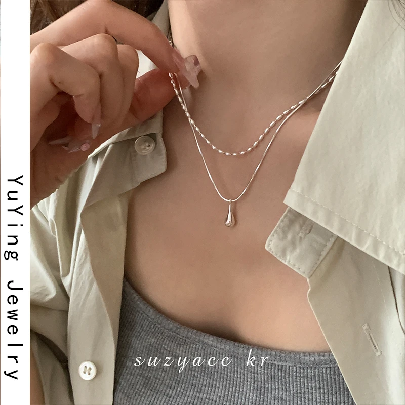 坠链均925银 纯银双层叠戴项链法式简约气质ins小众水滴吊坠颈链