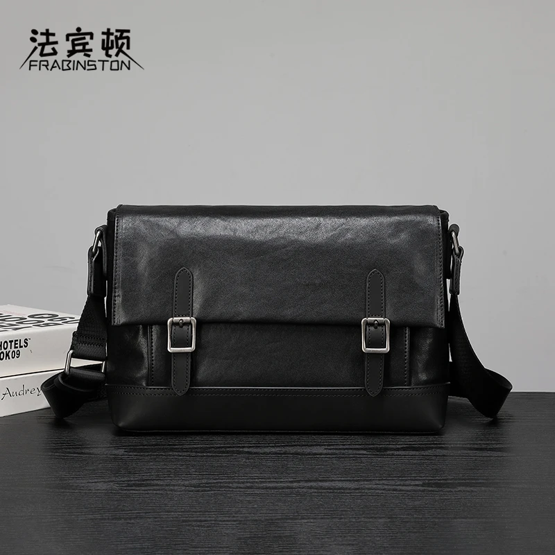 FRABINSTON/法宾顿头层牛皮男士单肩斜挎时尚潮流大容量男士包包