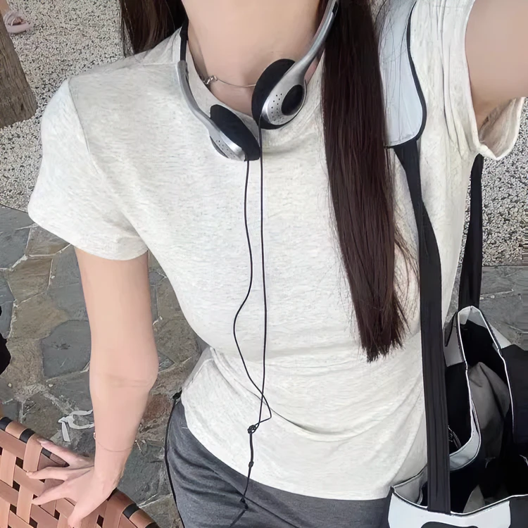 夏天正肩显瘦短款短袖t恤女2025夏季新款弹力气质莫奈花园风上衣