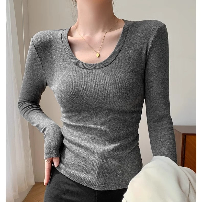 螺纹U领修身长袖t恤女美式打底衫春季百搭显瘦大码正肩内搭上衣服