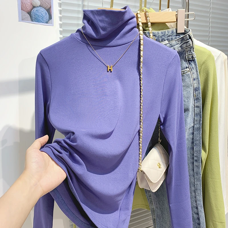 柔软亲肤打底衫女秋冬堆堆领长袖T恤软糯修身纯色内搭上衣服