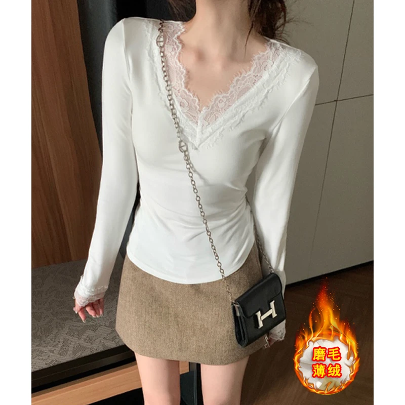 加绒蕾丝拼接打底衫女秋冬纯欲辣妹V领长袖t恤紧身内搭洋气上衣服