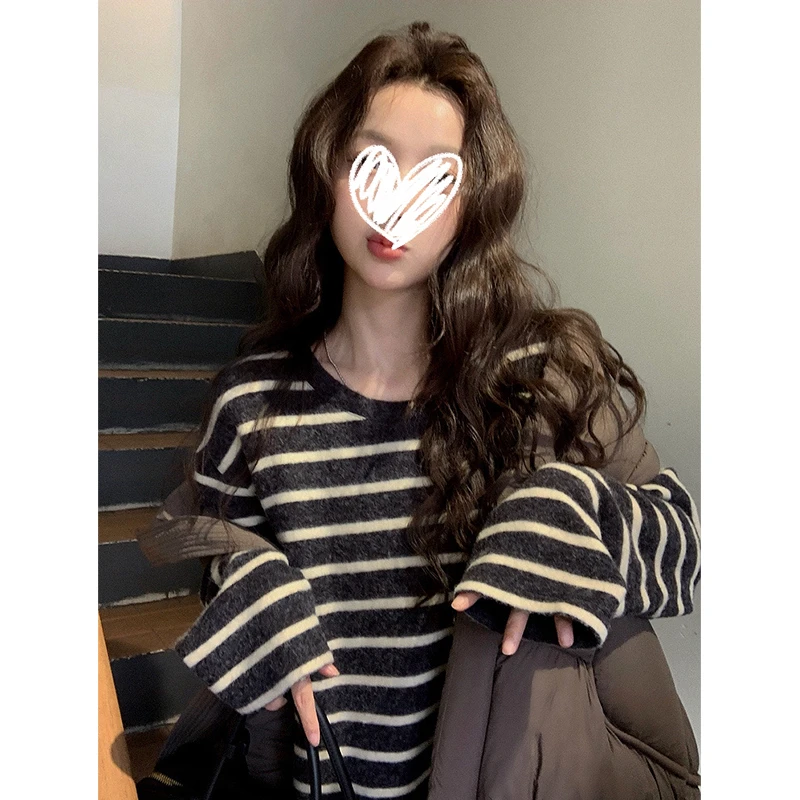 日系宽松条纹打底衫女秋冬韩版慵懒风中长款长袖百搭休闲套头上衣