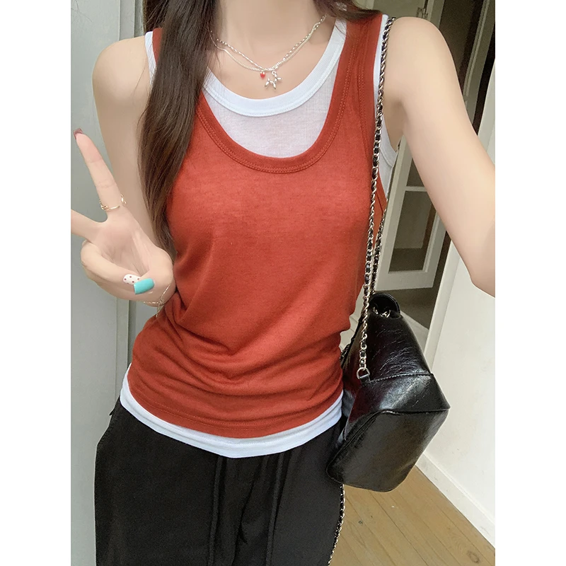 多巴胺撞色吊带背心女夏季新款收腰显瘦遮副乳假两件上衣T恤