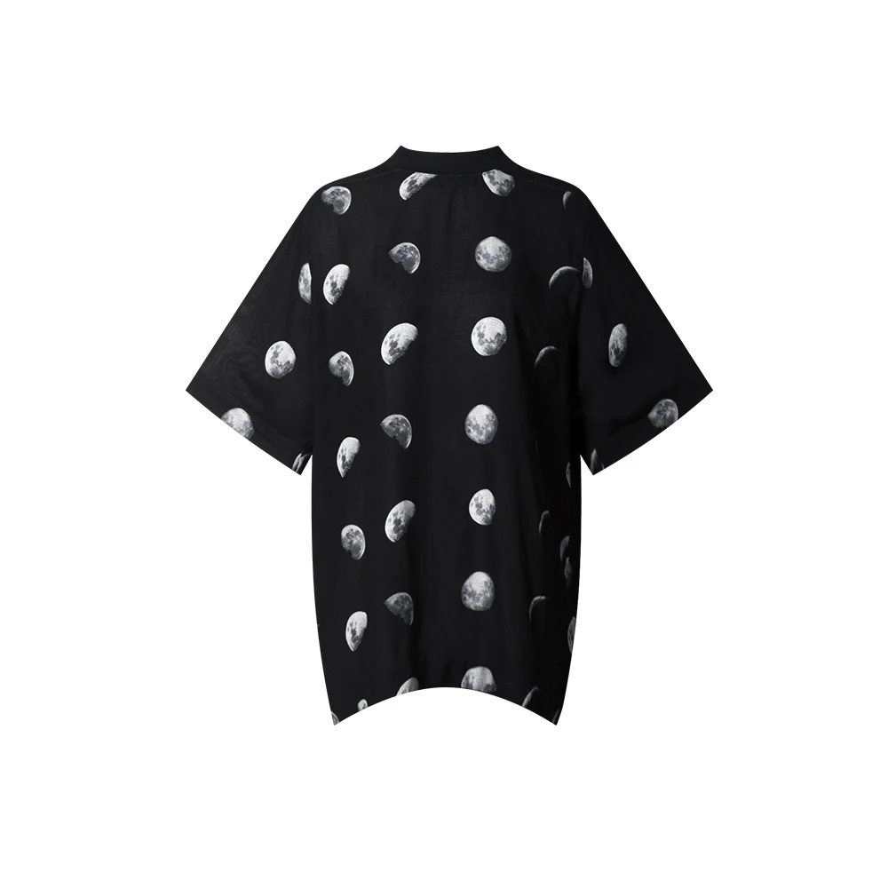 TUYUE涂月原创黑色丝光棉月球印花宽松中袖螺纹小高领新中式T恤夏