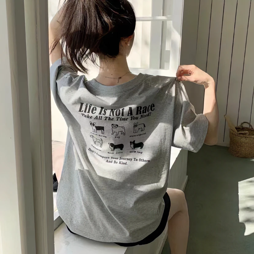 美式复古浅灰色宽松短袖t恤女夏季潮oversize纯棉半袖情侣装上衣