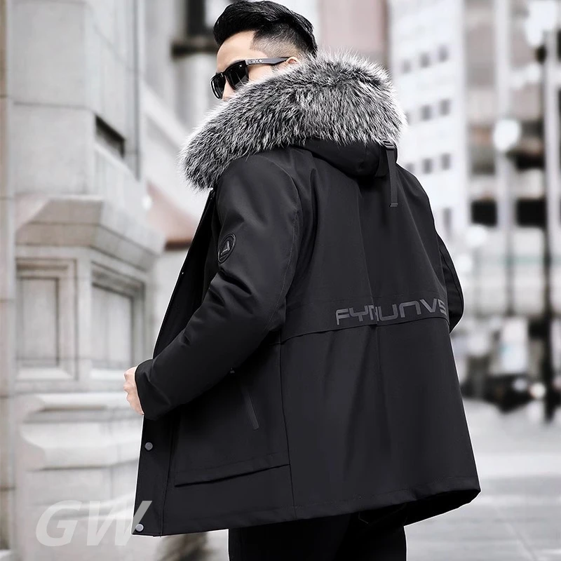 派克服男款獭兔毛内胆皮草外套可拆卸中长款连帽男士皮毛一体加厚