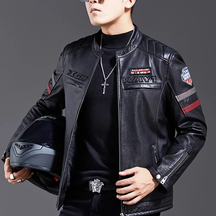 真皮皮衣男士皮夹克外套修身圆领刺绣机车帅气骑行服油蜡羊皮海宁