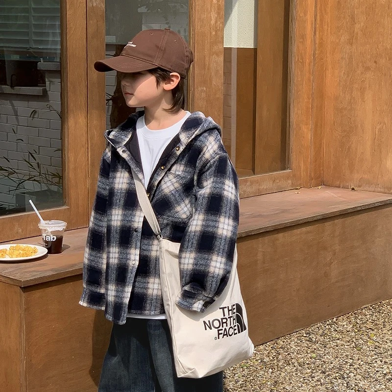男童连帽棉服格子上衣外套中大童男孩衣服加厚夹棉时尚百搭冬装