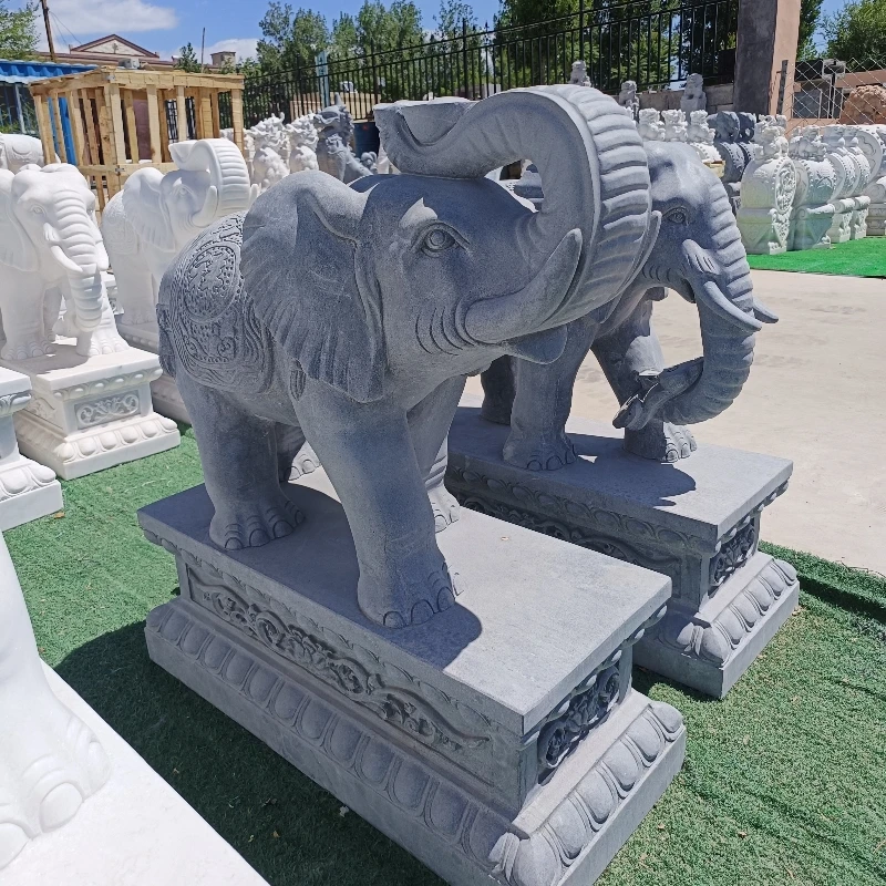 石雕大象一对大理石青石大象门口摆件象鼻一个向上一个向下款