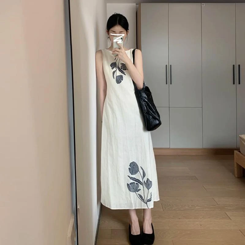 新中式国风白色无袖连衣裙子女夏2025新款清冷高级感气质背心长裙