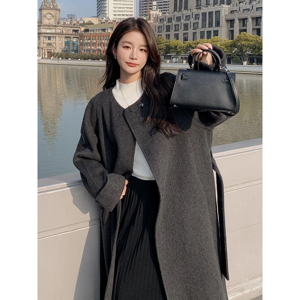 灰色双面羊绒大衣女中长款2025秋冬季新款高级感气质显瘦毛呢外套