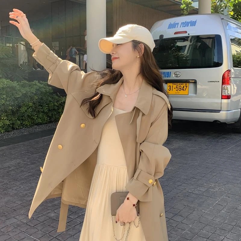 卡其色中长款风衣女小个子春秋2025新款韩系英伦风双排扣长袖外套