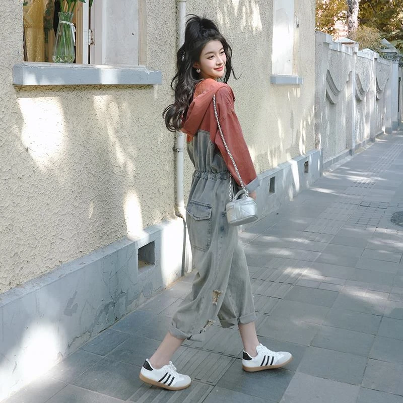 长袖拼接牛仔连体裤女秋新款小个子高级设计感宽松休闲阔腿连衣裤