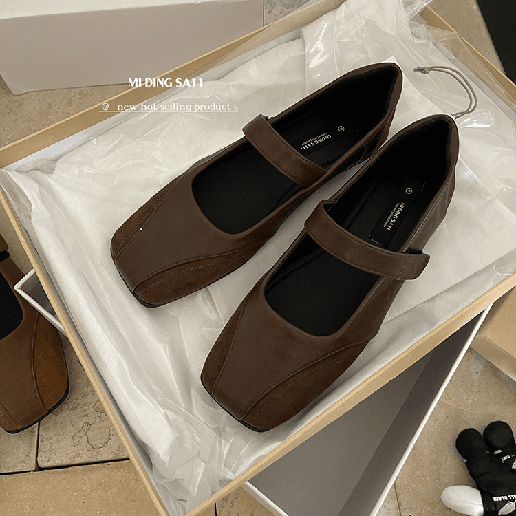 平底拼接银色玛丽珍时尚小皮鞋女2024新款绒面方头一字带单鞋女鞋