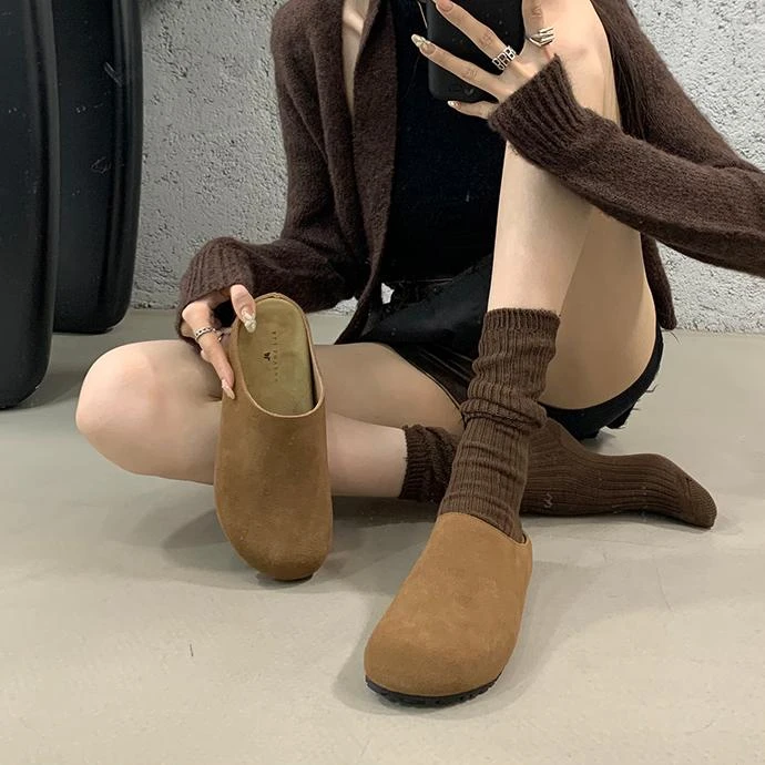 复古包头博肯鞋女2025秋季新款一脚蹬外穿软底厚底增高休闲半拖鞋