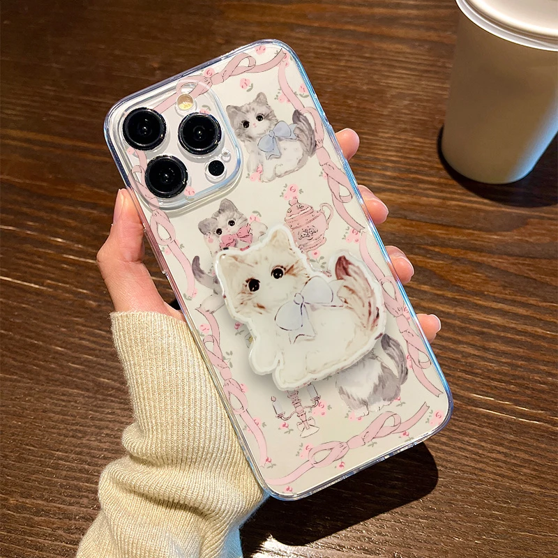 【苹果/华为/荣耀/OPPO/vivo/小米】蝴蝶结猫咪带支架透明手机壳