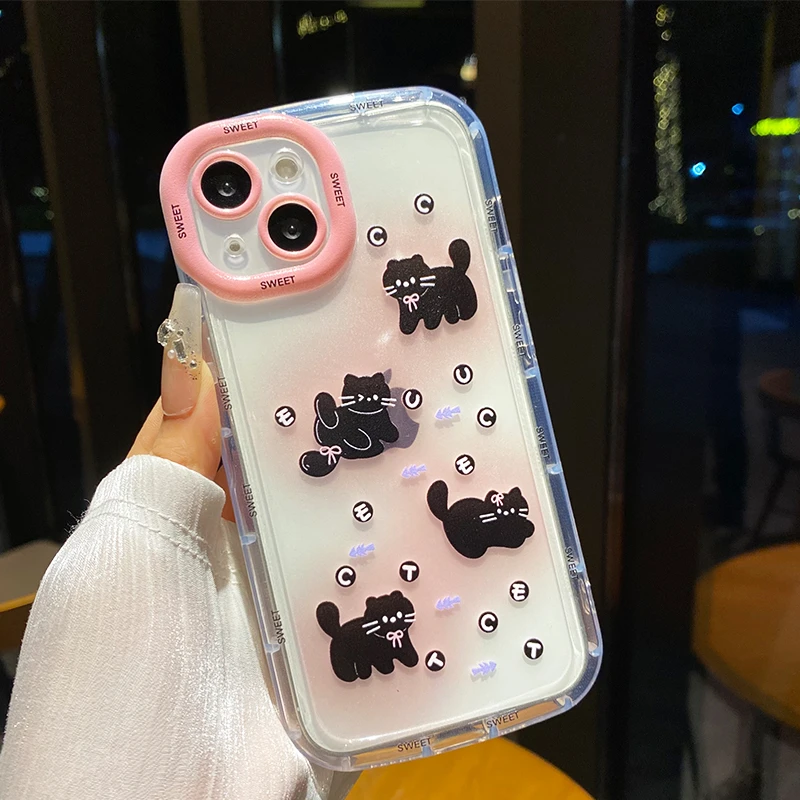 【苹果/华为/荣耀/OPPO/vivo/小米】粉渐变小黑猫直边奶油手机壳