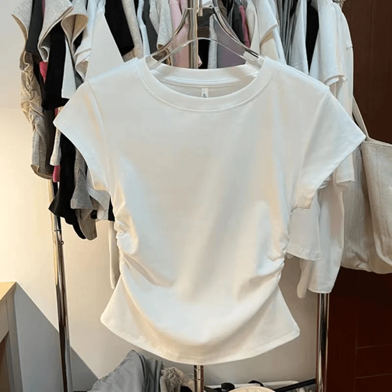 HTKD正肩短袖恤女夏季新款修身褶皱显瘦不规则设计感短款小众衣纯