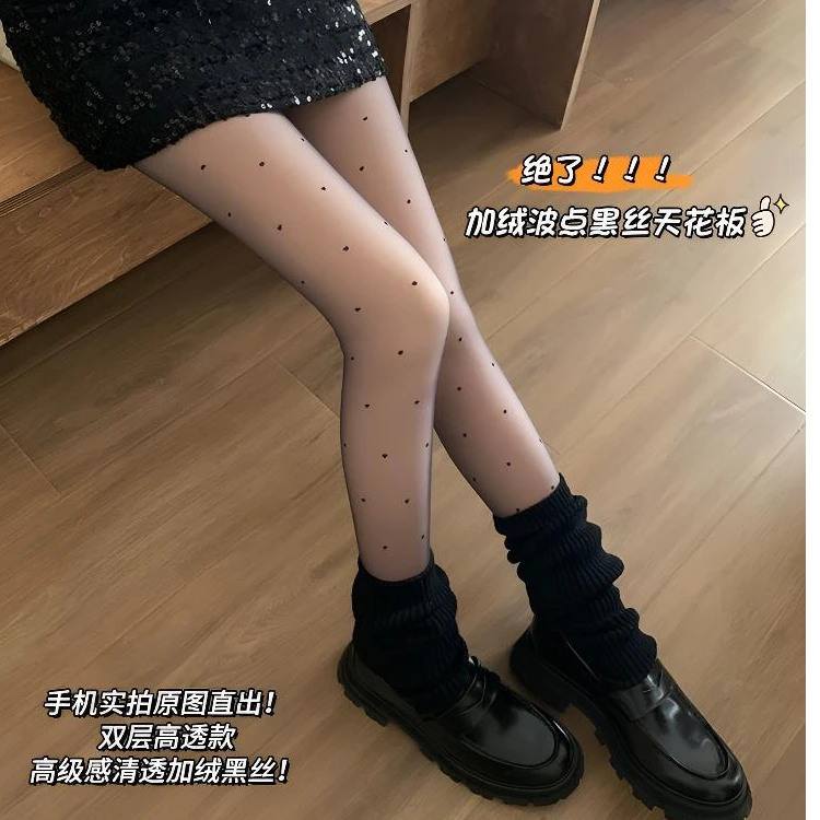 波点高透防勾丝外层黑丝双层秋冬打底裤加绒加厚连裤袜光腿神器