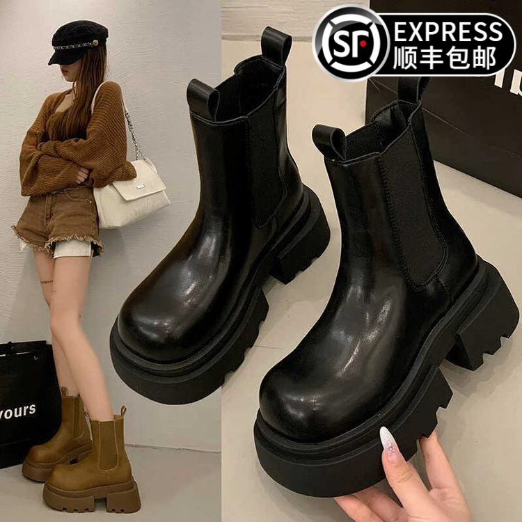 【万达撤柜】欧洲站厚底马丁靴女2024新款秋冬加绒小个子烟筒靴英伦