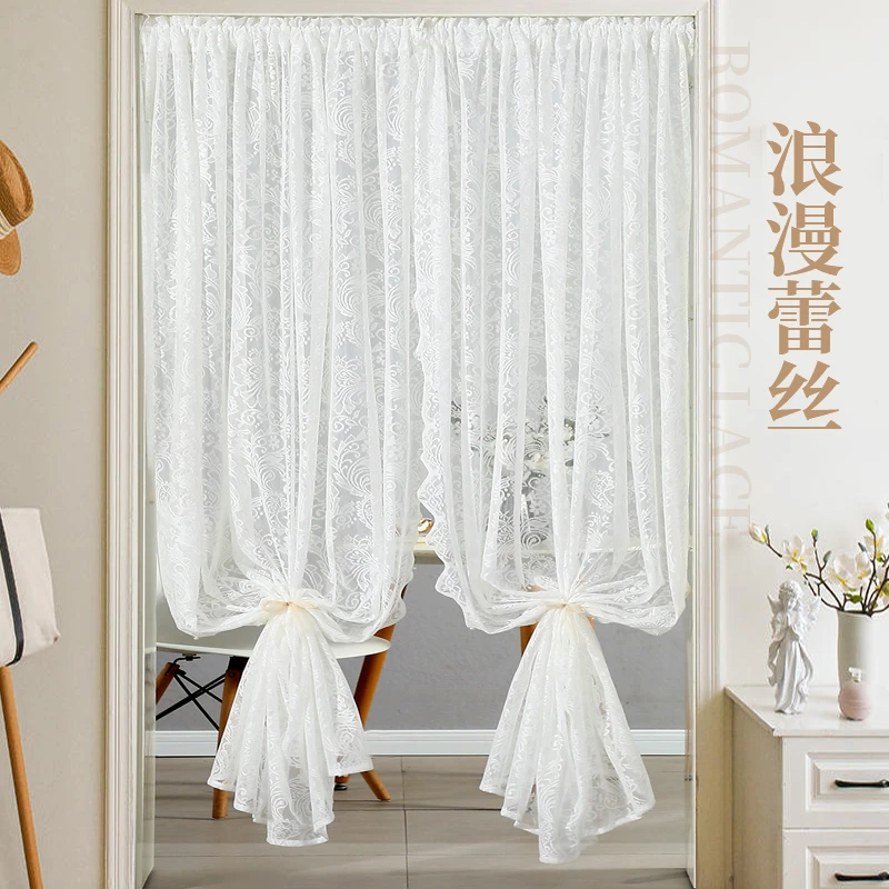 法式白色蕾丝门帘穿杆窗帘窗纱帘布客厅阳台飘窗短帘隔断帘免打孔