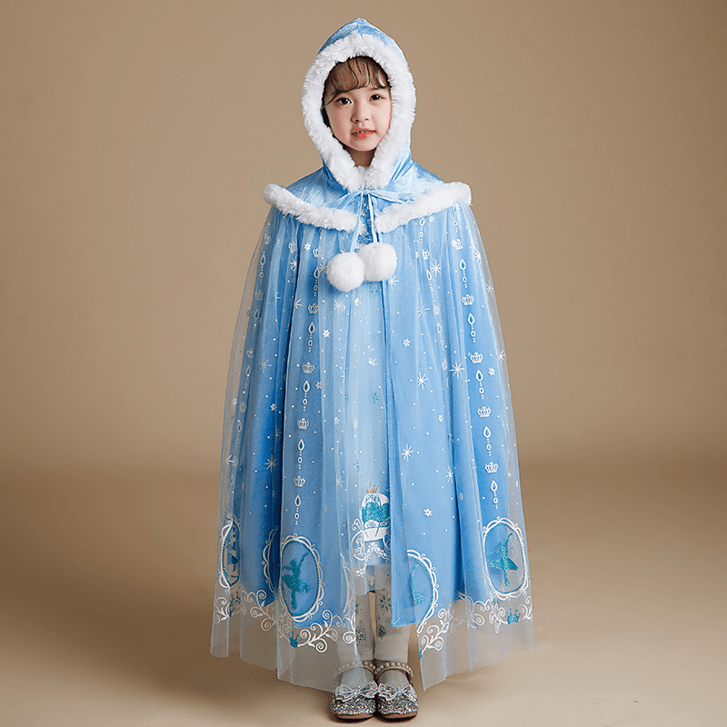 大美沙集 新款冰雪奇缘爱莎斗篷秋冬儿童保暖系带披肩女童外搭艾莎披风斗篷